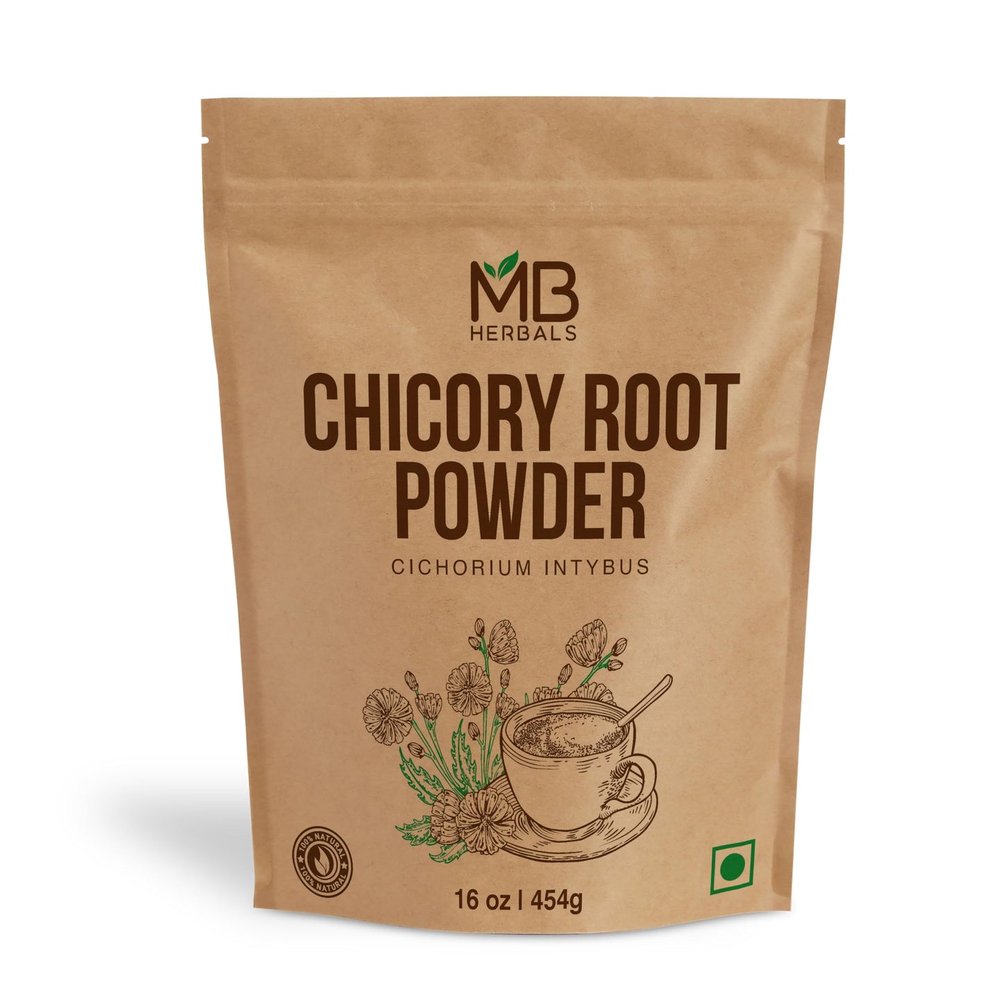 MB Herbals Instant Chicory Root Powder 1 lb / 16 oz (454 Gram) | Roasted | Non-GMO | Gluten Free | Dissolves Instantly in Hot Water or Milk