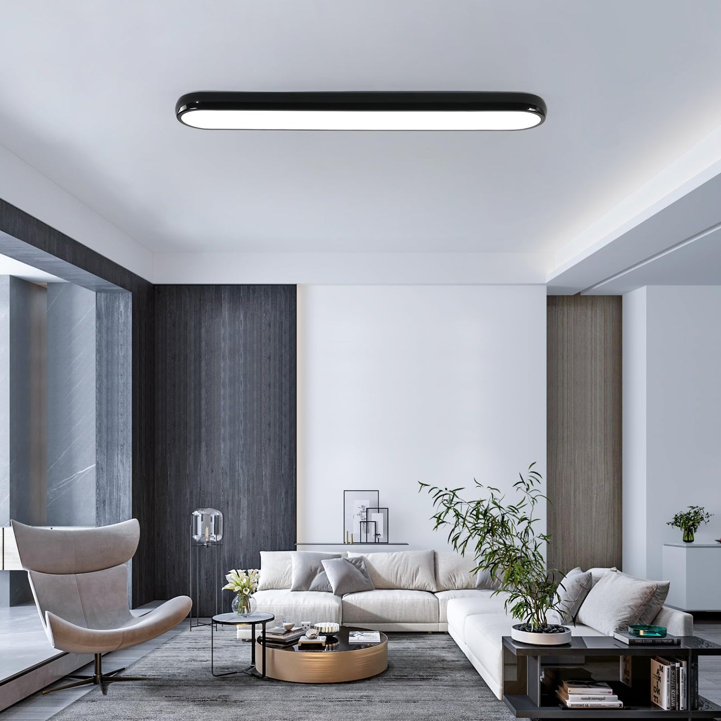 Qcyuui Modern Led Ceiling Light Dimmable Semi Flush Mount Ceiling Light 39.4 In Long Ceiling Light Fixture Kitchen Lighting Fixtures Ceiling For Office Bedroom Hallway(Black/48W/3000-6500K)
