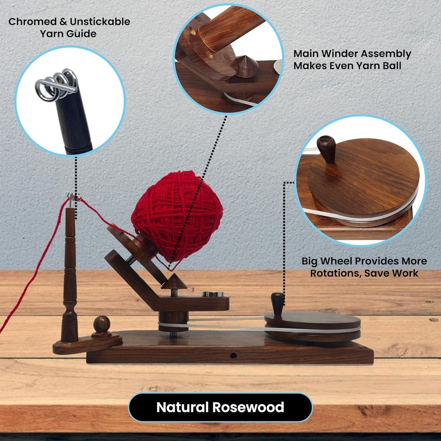 Large Handcrafted Wooden Yarn Winder & Swift – Rosewood Brown Ball Winder for Crocheting, Knitting, Weaving – Heavy-Duty Yarn Winder for 8-12 oz Skeins