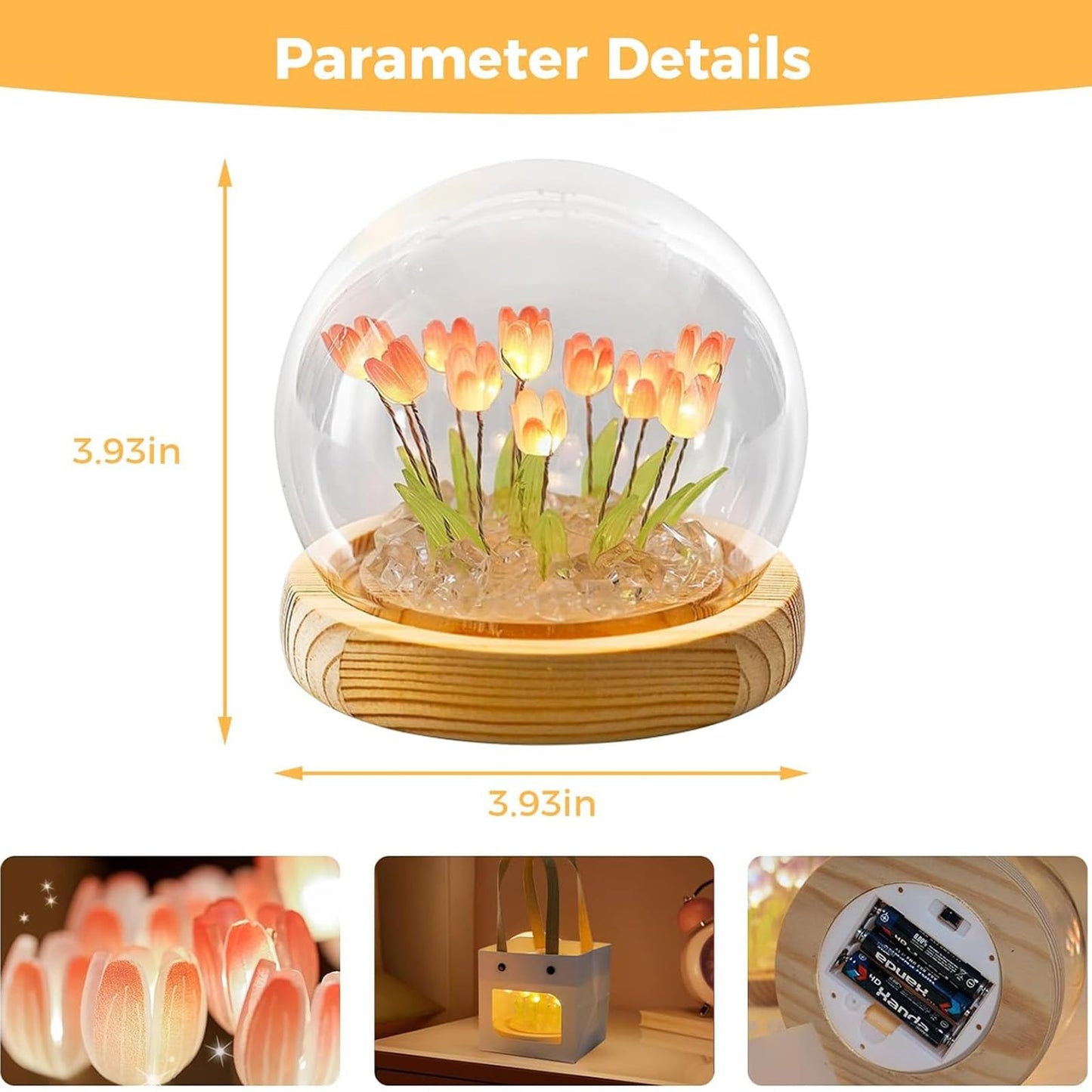 Tulip Night Light Cordless  Birthday Flower Gifts For Her - Small Flower Lamp With Glass Cover  Wooden Base And Gift Bag -Cute Romantic Home Decor For Mom  Grandmother  Wife  Girlfriend  Sister  Women