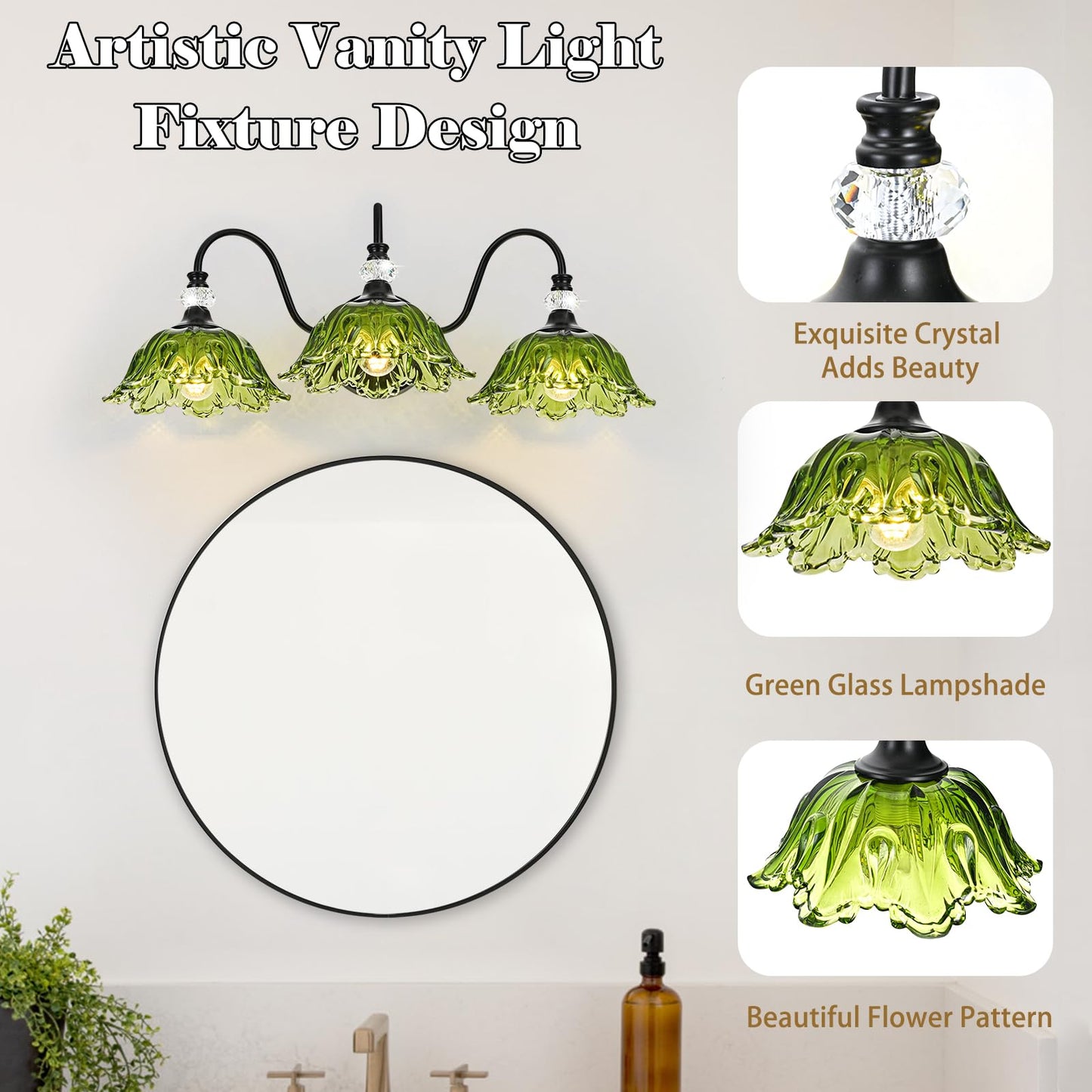 Sunkryster Black Bathroom Vanity Light 3-Light Vanity Light With Floral Green Glass Shades Vintage Farmhouse Wall Mount Lighting For Bathroom  Dressing Table