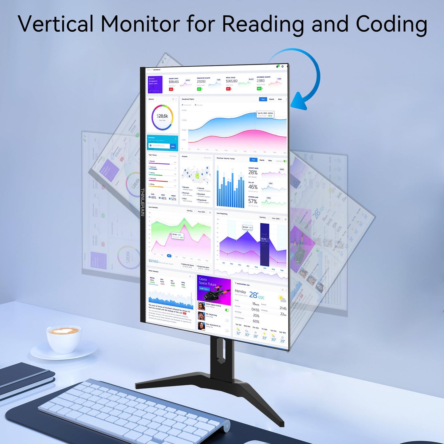 Thinlerain 23.8 inch Computer Monitor 1920x1080 Vertical PC Monitor with HDMI VGA AV BNC USB Ports, Multi-Function Stand, VESA, Display Frameless Build-in Speakers for Office Home