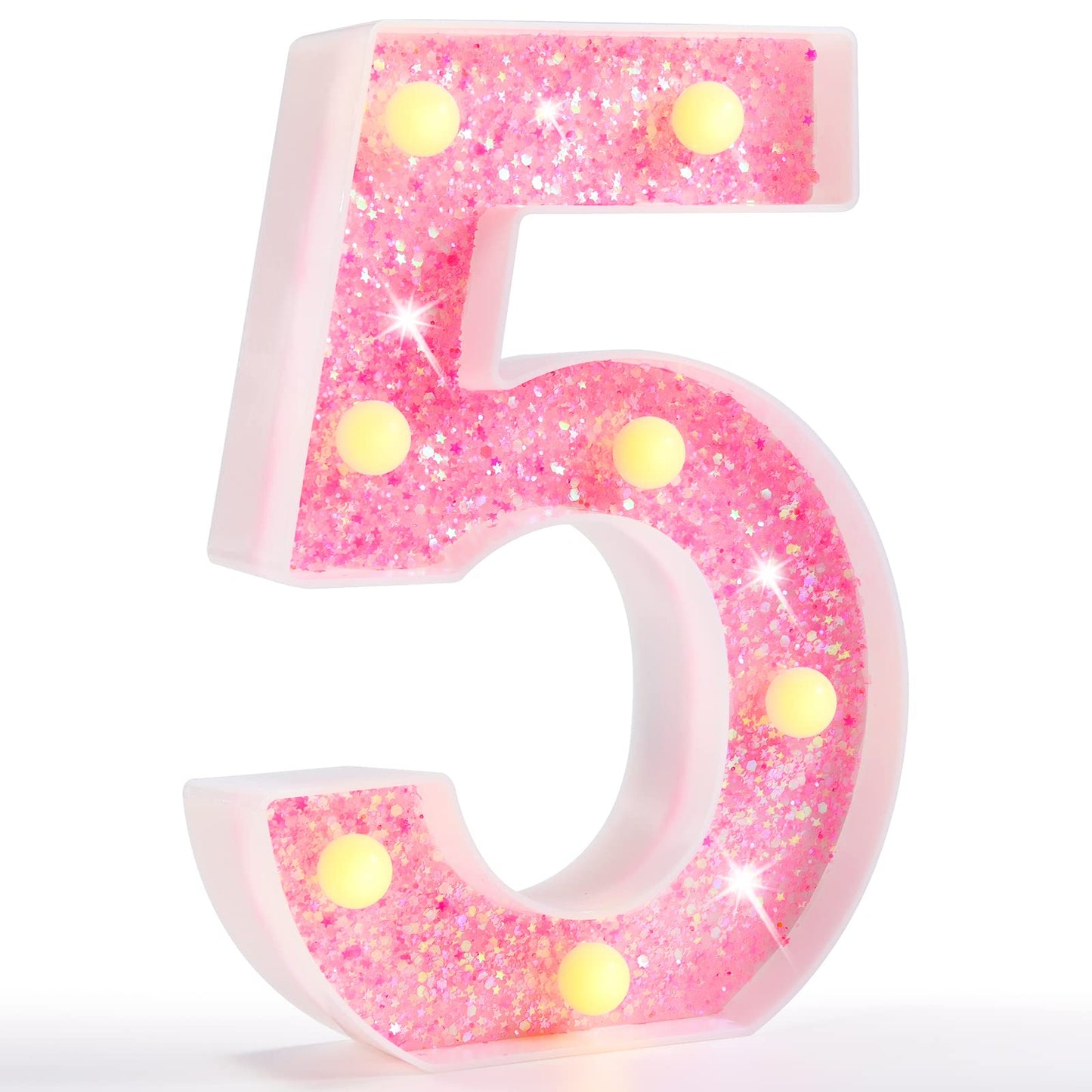 Pooqla Marquee Number Lights, Pink LED Number 5, Battery Powered Glitter Decoration for Birthday, Christmas, Wedding, Home Bar