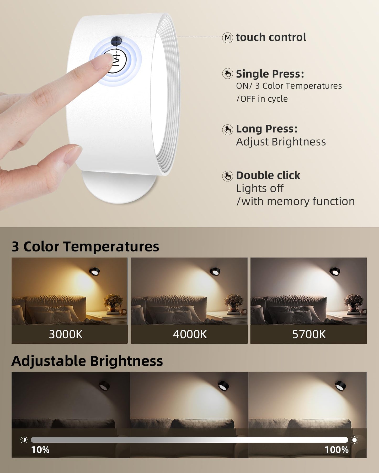 AMETHEUS LED Wall Mounted Lights, Rechargeable, 3 Color Temperatures, Dimmable, 3 Pack, White, Model WL02