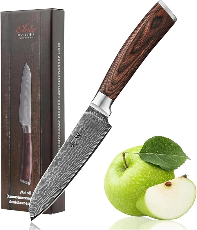 Wakoli EDIB Damascus Small Santoku Knife – 4.7-Inch Japanese Style Kitchen Knife | Genuine 67-Layer Damascus Steel Blade with VG10 Core | Ergonomic Pakkawood Handle | Multi-Purpose Cooking Knife