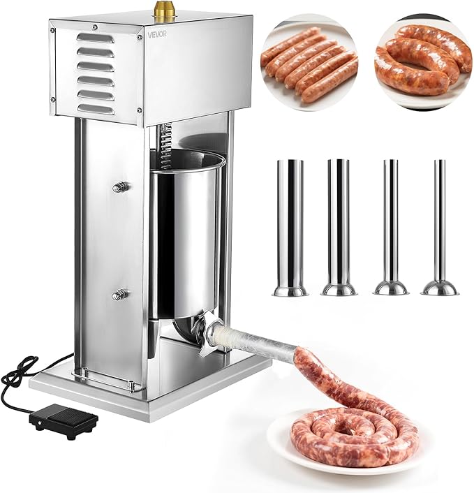 VEVOR Electric Sausage Stuffer, 22 LBS / 10 L Vertical Meat Stuffer, Stepless Speed Control and Foot Pedal, Stainless Steel Heavy Duty Sausage Filler with 4 Stuffing Tubes, for Commercial & Home Use