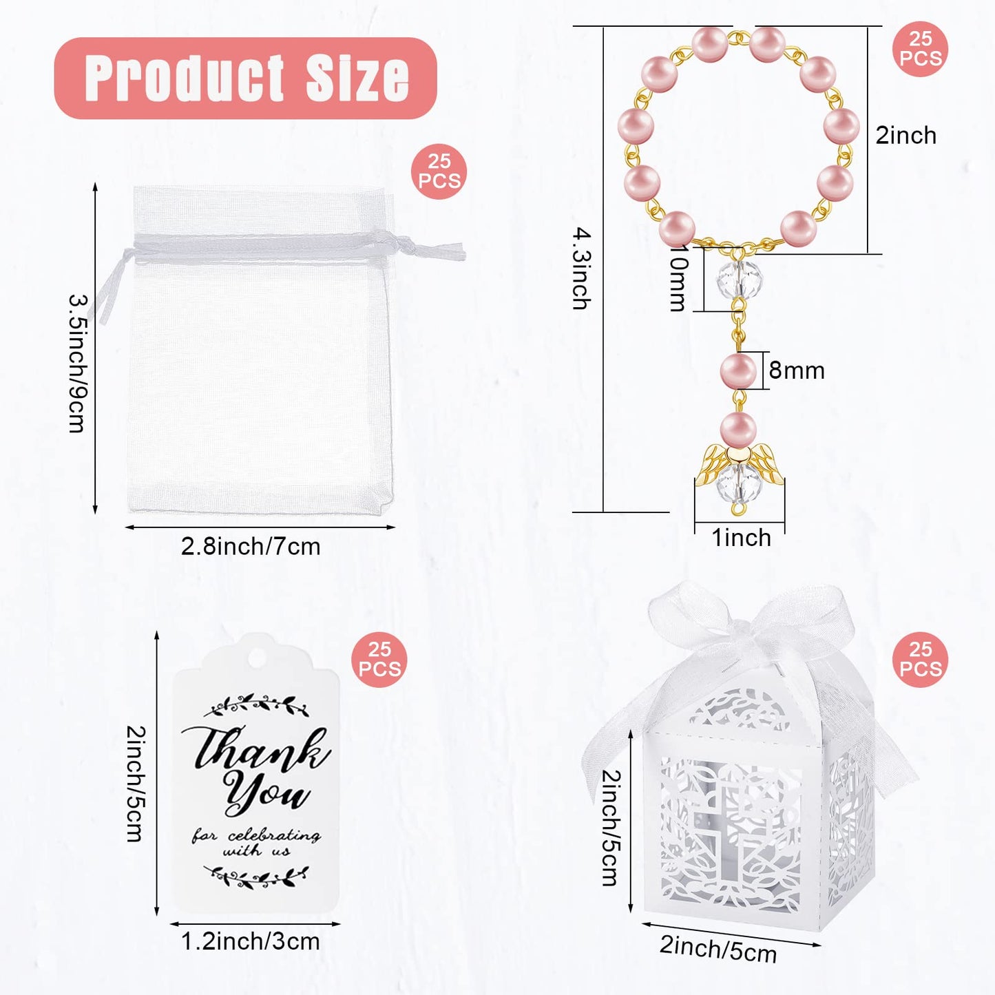 100 Pieces Baptism Rosary Sets Includes 25 Mini Baptism Rosary with Angel, 25 Favor Boxes, 25 Organza Bags and 25 Thank Kraft Ta