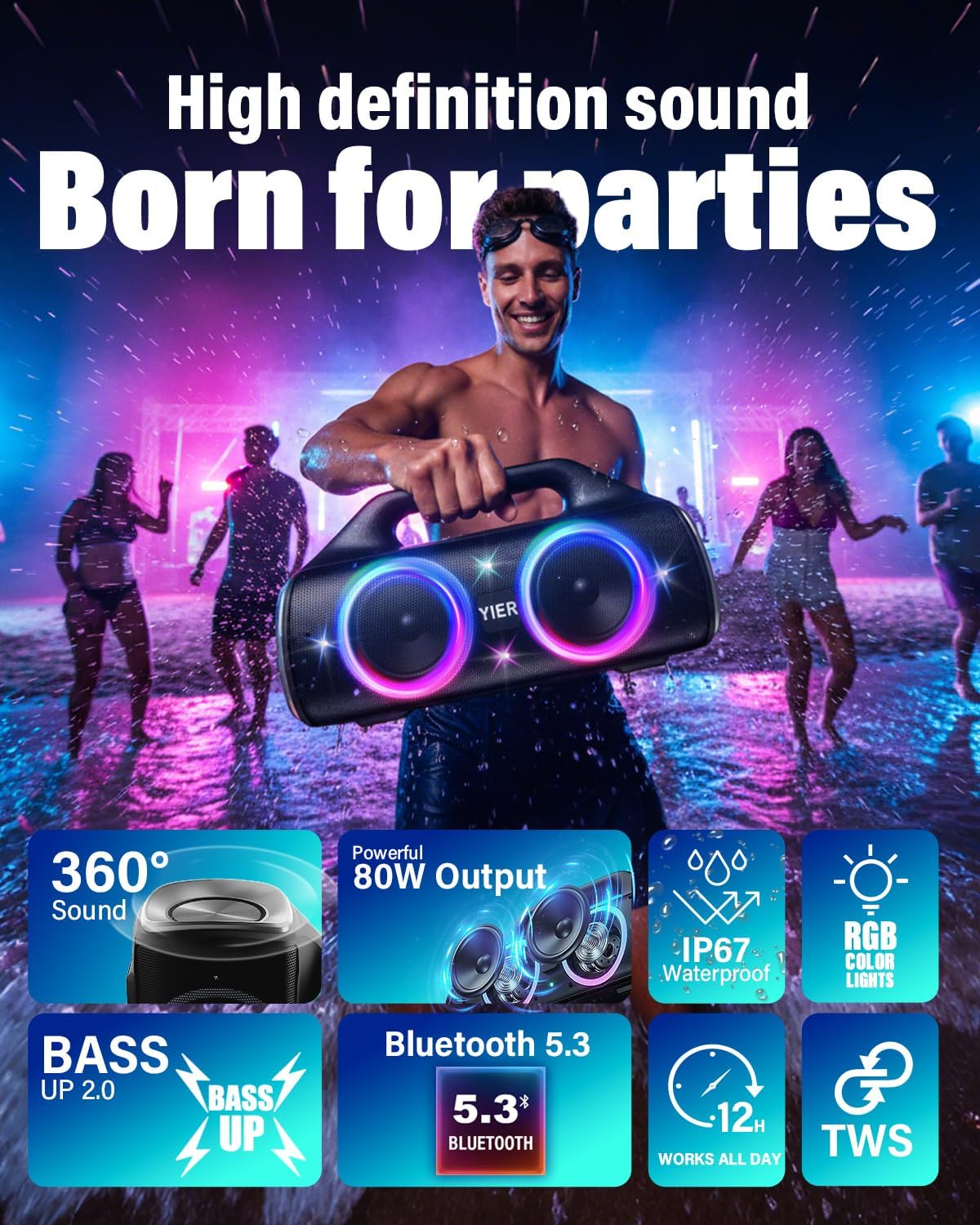 YIER Portable Wireless Speaker, 80W Peak, IP67 Waterproof, Deep Bass, Bluetooth 5.3, Black, Model BOOM HERO 1