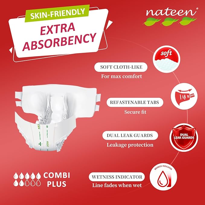Nateen Combi Plus Adult Diapers with Tabs for Women and Men, Extra Absorbency Disposable Incontinence Briefs, Leakproof and Skin-Friendly Incontinence Underwear.Large, 10Count