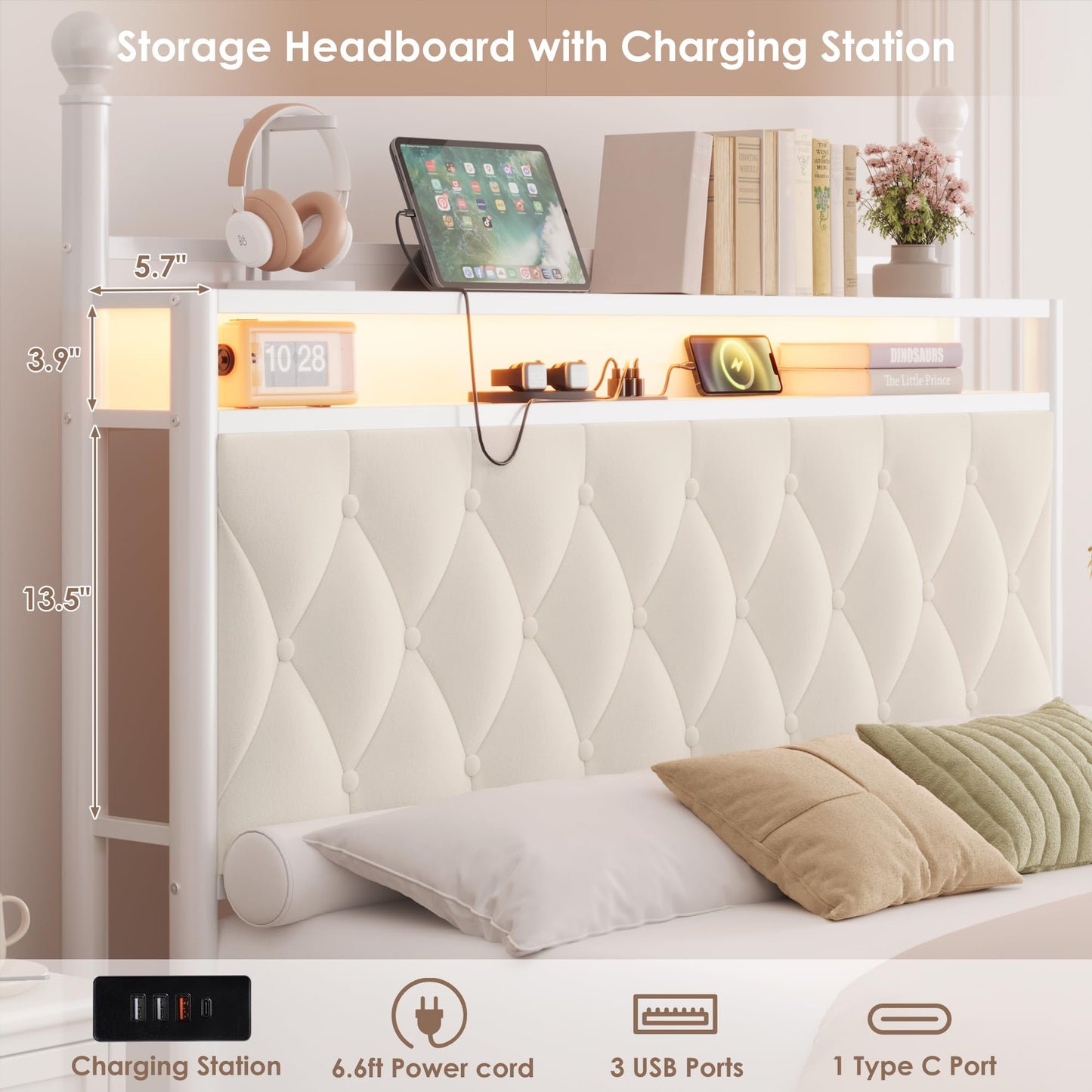 HIFIT Queen Size Upholstered LED Canopy Bed Frame with Storage and Charging Station, Button Tufted Storage Headboard with Bookshelf, Two-Use Metal Platform Bed with 4 Removable Post & 2 Drawers, Biege