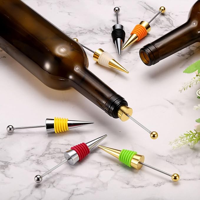 uxcell 10 Pcs Bead Wine Bottle Corks, Wine Stopper Cork, Wine Stopper, Reusable Wine Bottle Corks Sealing Plug Bottle for Beverage Holiday Party Bar,Silver/Green