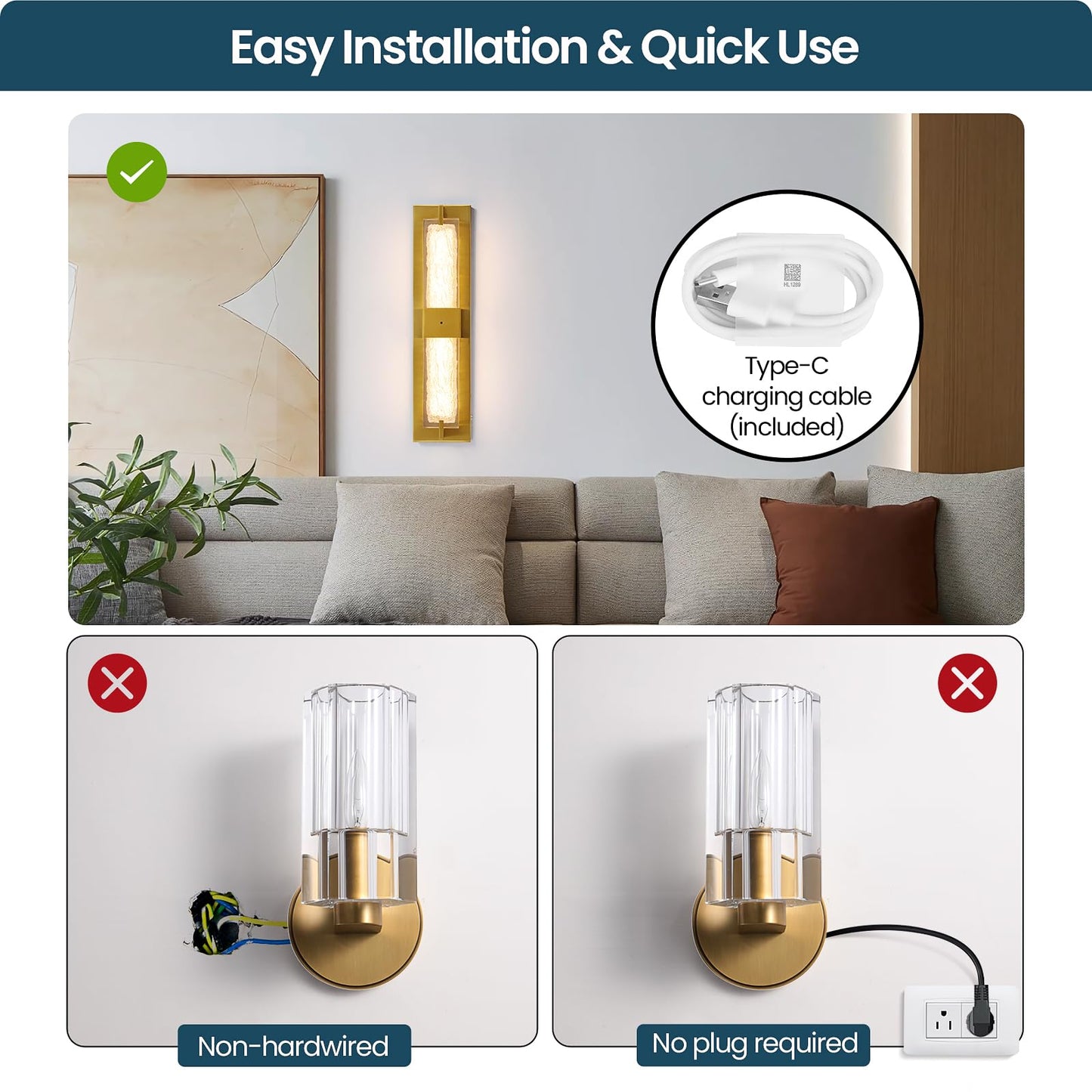 Battery Operated Resin Wall Sconce - Wireless Rechargeable Gold Wall Light Dimmable Led Remote Wall Sconces Lighting Modern Cordless Brushed Brass Vanity Light Fixture For Living Room Bedroom Bathroom