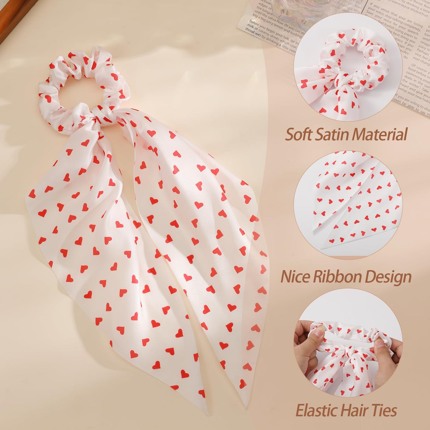 6 PCS Bow Silk Scrunchies, Cherry Hair Ties with Bows, Hair Scrunchies for Women Girls, Knotted Bow Silk Hair Ties, Satin Hair R