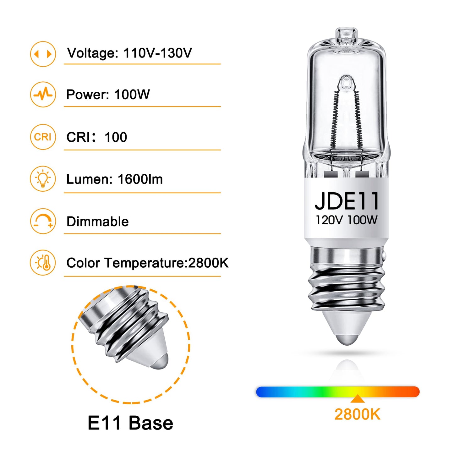 Flaspar Jde11 120V 100W  E11 Bulb  E11 Halogen Light Bulbs  T4 Mini Base Dimmable Candelabra Bulbs  2800K Warm White Halogen Clear Jde11 Bulb For Ceiling Fan  Chandeliers  Cabinet Lighting  2 Pack