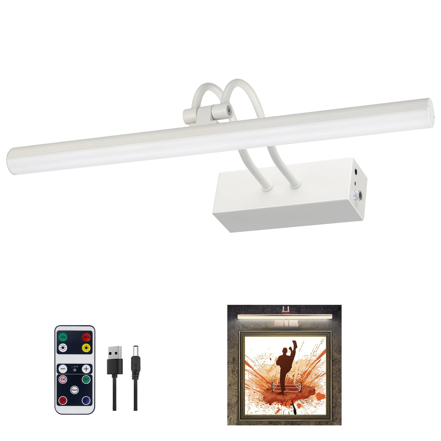 RAIFOOLLY Picture Light,Picture Lights for Wall Cordless,16" Picture Lights with Timer and Dimmable,Battery Wall Lights for Display Gallery Painting Art Frame Portrait-WH
