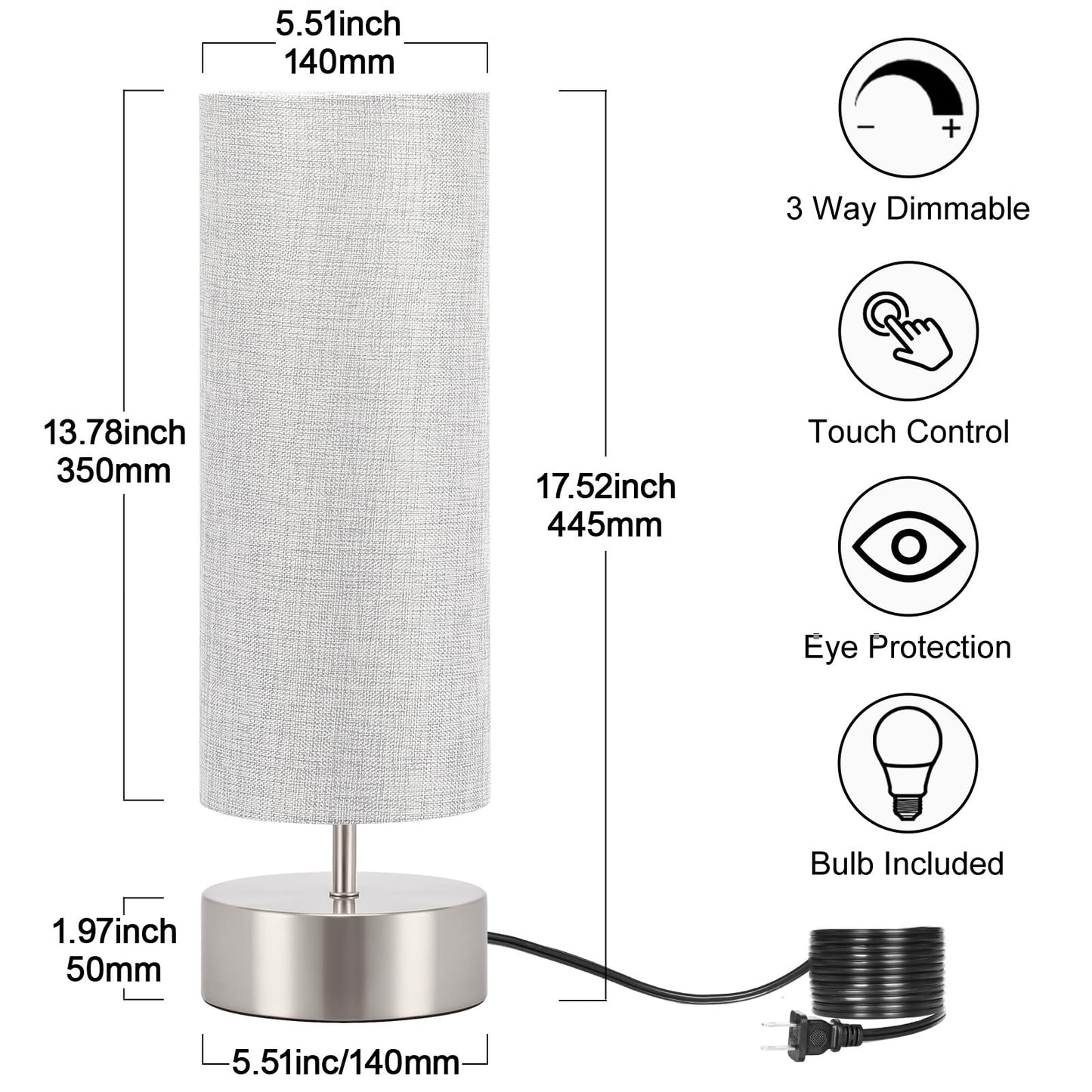 Seaside Village Bedside Touch Lamp - 3 Way Control, Gray Shade, Silver Base, 5.51X5.51X17.52 In, Led Bulb Included, Model 130