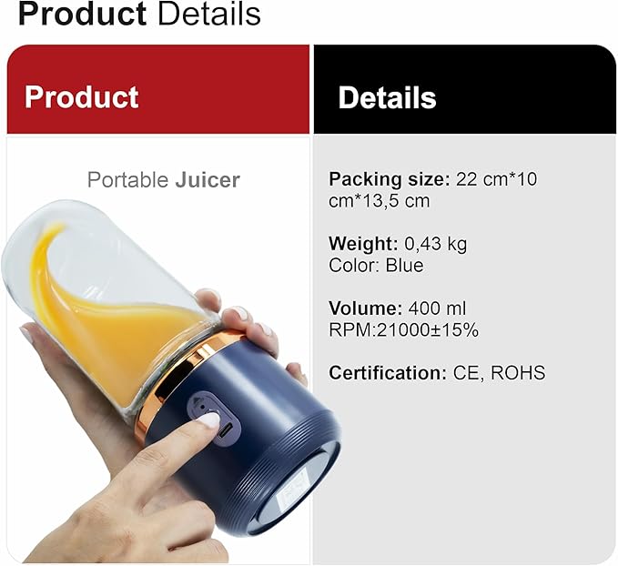 Regalosonline Mini Personal and Portable Hand Blender for Smoothies, Juices, Protein, Fruits, and Vegetables with 6 Blades + 2 Cups to go anywhere - USB Rechargeable!