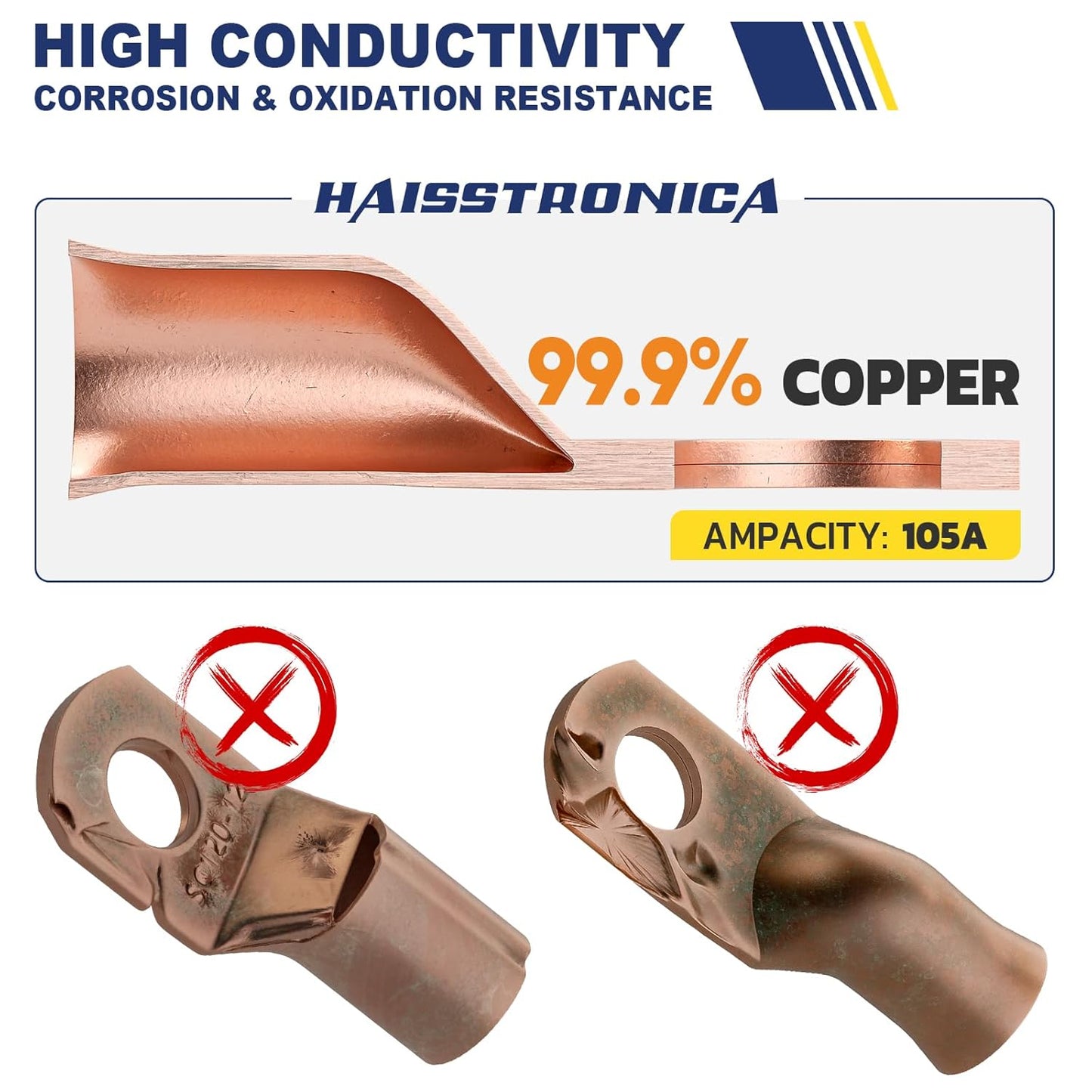 haisstronica 10pcs 6 AWG - #10 Battery Cable Lugs, Heavy Duty Copper Wire Lugs with 10pcs 3:1 Adhesive Heat Shrink Tubing, 6 Gauge Wire Connectors Battery Terminal Connectors, Battery Cable Ends
