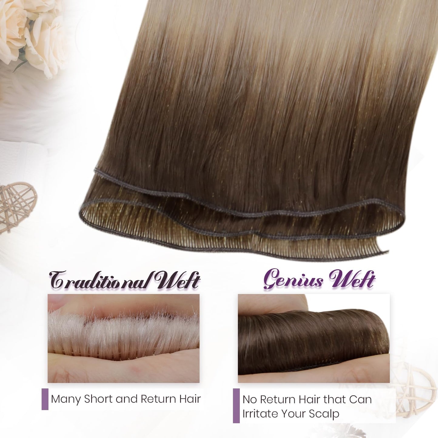LaaVoo Weft Hair Extensions Virgin Human Hair 22 Inch 25G Sew in Hair Extensions Ombre Light Brown to Blonde Hair Extensions Rea