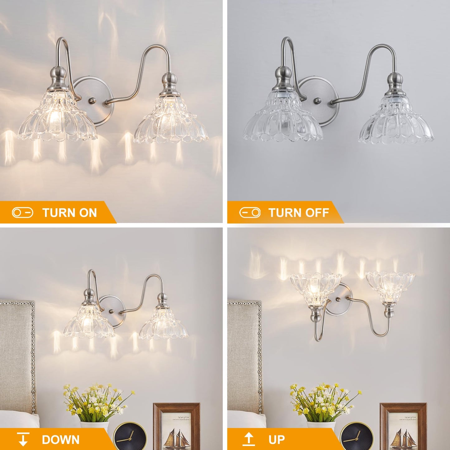 Brknit Vintage Bathroom Light Fixtures Over Mirror  2-Light Brushed Nickel Wall Sconce Lighting With Flower Glass Shade  Farmhouse Vanity Lights For Bedroom Kitchen Living Room Hallway Light