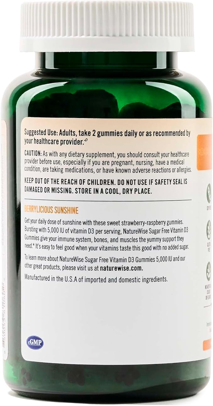 NatureWise Vitamin D3 5000 IU Gummies - Sugar-Free Mixed Berry Flavor - Vitamin D Gummies for Adults, Supports Immunity, Muscle & Bone Strength -Gelatin-Free, Non-GMO - 90 Gummies[45-Day Supply]