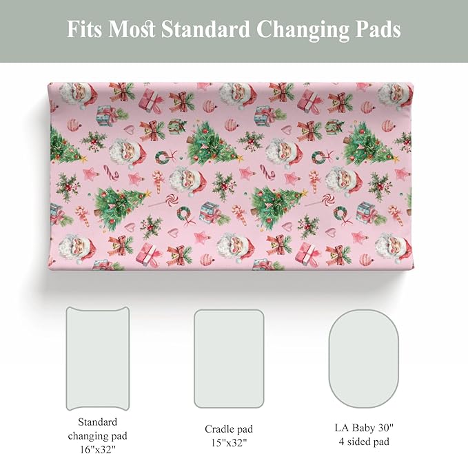 Pink Santa Christmas Trees Baby Changing Pad Covers for Boy Girl Santa Gifts Pine Fir Leaves Candy Love Fitted Changing Table Mats Winter Holiday Festive Soft Diaper Change Table Sheets 32''×16''