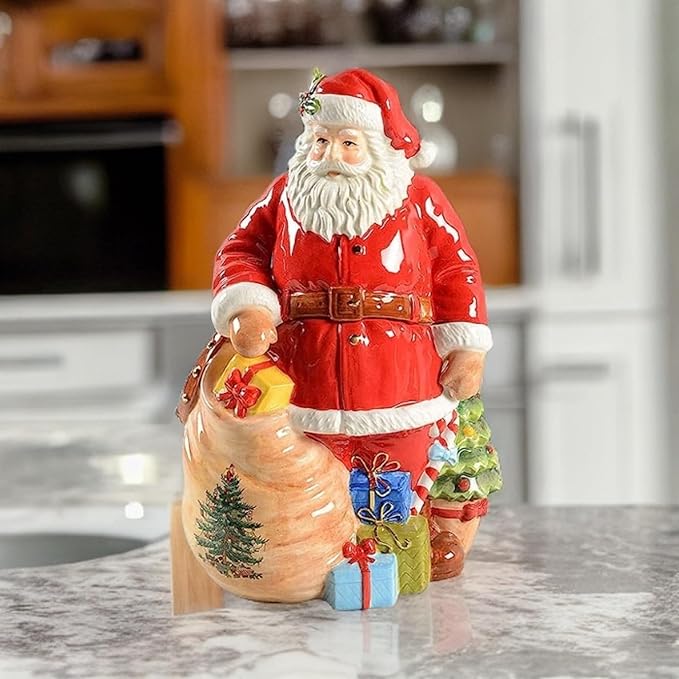 Spode Christmas Tree Santa Cookie Jar - 12" Dolomite Christmas Cookie Jar with Lid for Treats - Santa Candy Jar for Kitchen Counter, Festive Kitchen Decor, Seasonal Cookie Container, Holiday Gift
