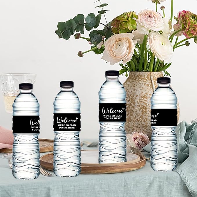 100PCS Wedding Water Bottle Labels Waterproof Greenery Floral Wraps Sticker for Water Bottle Baby Shower Bottle Label for Bridal Shower Party（Black1）