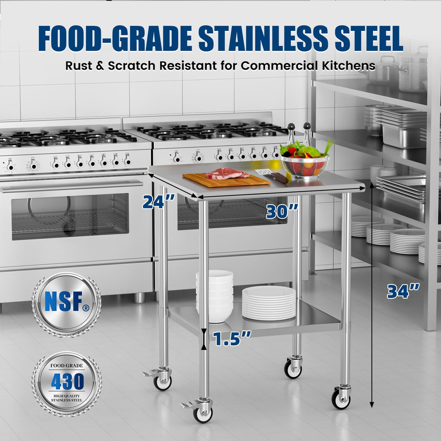 Chingoo Stainless Steel Work Table with Wheels, 24x30 Inch NSF Food Prep Table with Backsplash & Adjustable Undershelf for Commercial Kitchen, Restaurant, Garage, Outdoor BBQ
