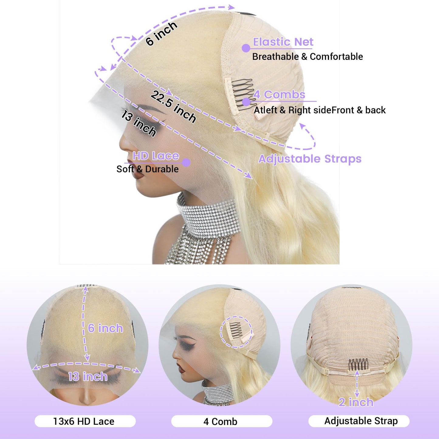 VVPPIL 613 Lace Front Wig Human Hair 200 Density 34 Inch Blonde Wig Human Hair 613 13x6 HD Lace Frontal Wig Blonde Body Wave Lac