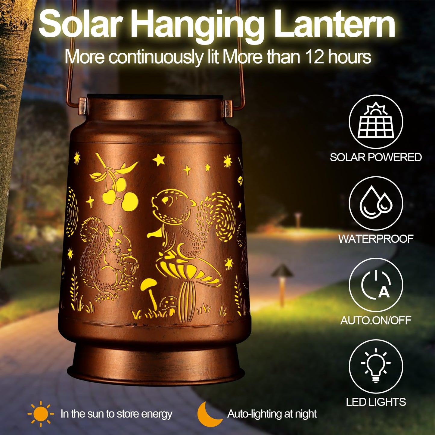 Solar Lantern Outdoor Hanging Waterproof Outside Metal Openwork Hummingbird Pattern Birthday Gifts For Women Mom Landscape Lights For Porch Garden Yard Patio Pathway Decor(Squirrel)