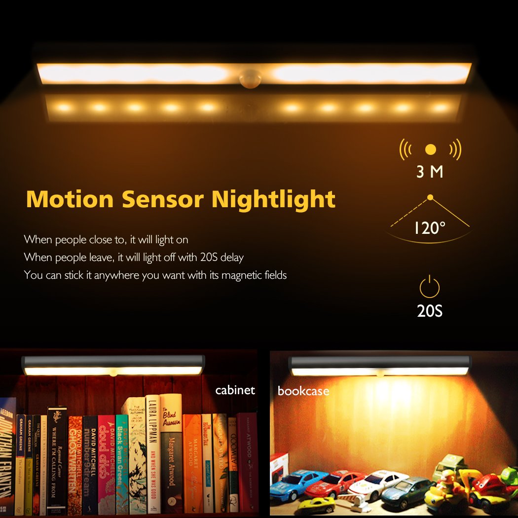 Lepotec Stick On Cabinet Light, 10 Led Motion Sensor Under Counter Light, Usb Rechargeable, Silver Warm White, Model W20Led-3, 2 Pack