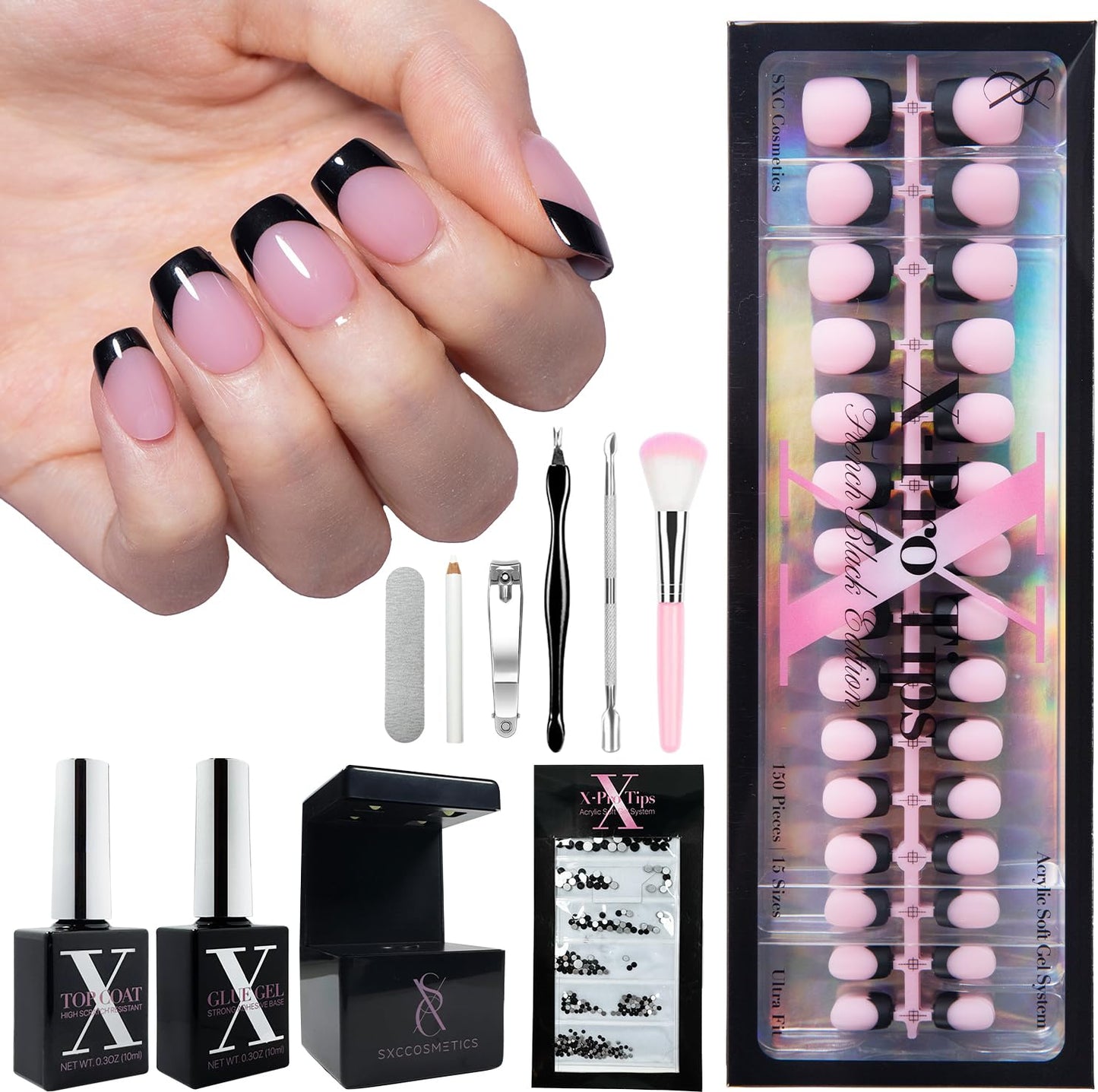 SXC Cosmetics French Tip Press On Nails - Black Series, Extra Short Square, X-Pro Tips Starter Kit | 150PCS, 15 Sizes, 5 Styles,