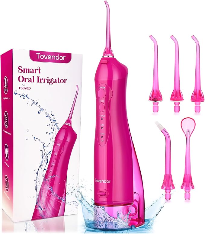 TOVENDOR Electric Water Dental Flosser Teeth Pick, Cordless Flossers Oral Irrigator IPX7 Waterproof 300ML Rechargeable Travel Water Teeth Cleaner with 5 Tips for Home Braces Care Gums Deep Cleaning