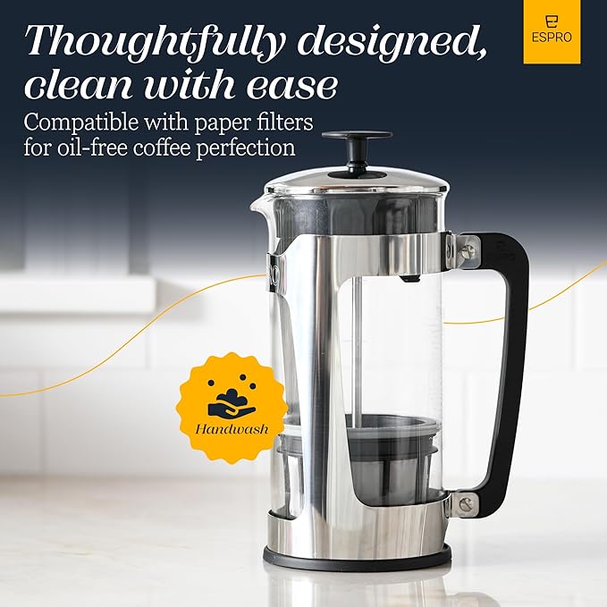 ESPRO P5 French Press Coffee Maker – Patented Double Micro-Filter for Grit Free Brew, Heat-Resistant Thicker Borosilicate Glass Coffee Press – 18 oz