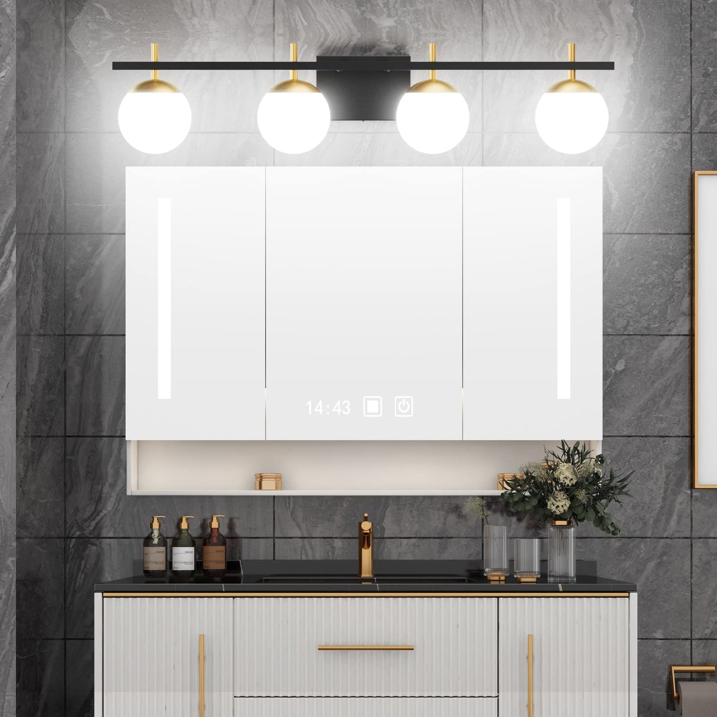 Ralbay Mid Century Modern 4-Light Vanity Light Fixture, Black/Gold, Metal, Model 1100, Milky Glass, Bathroom Over Mirror Lighting
