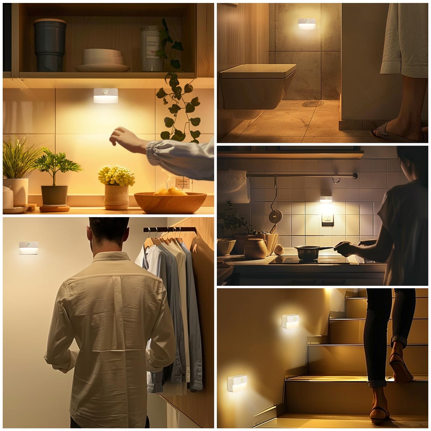 Guankai Motion Sensor Stair Light, 16 Pack, Battery Operated, Warm White, Plastic, Model 0003A5, Indoor Use, Portable Night Lamps