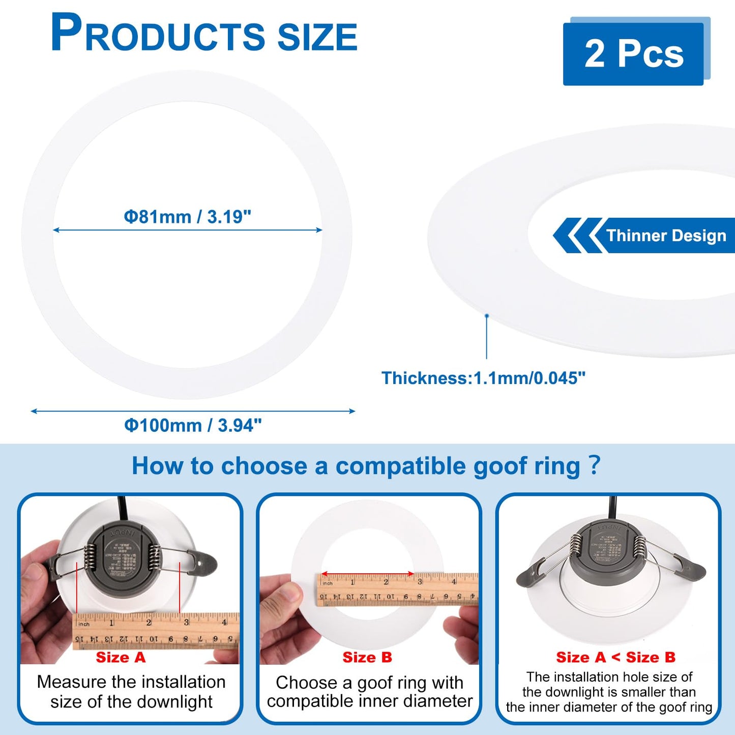 Patikil Metal Goof Trim Ring - 2 Pcs, 3.94 Od X 3.19 Id, White Circular Ceiling Light Cover For Recessed Can Downlight