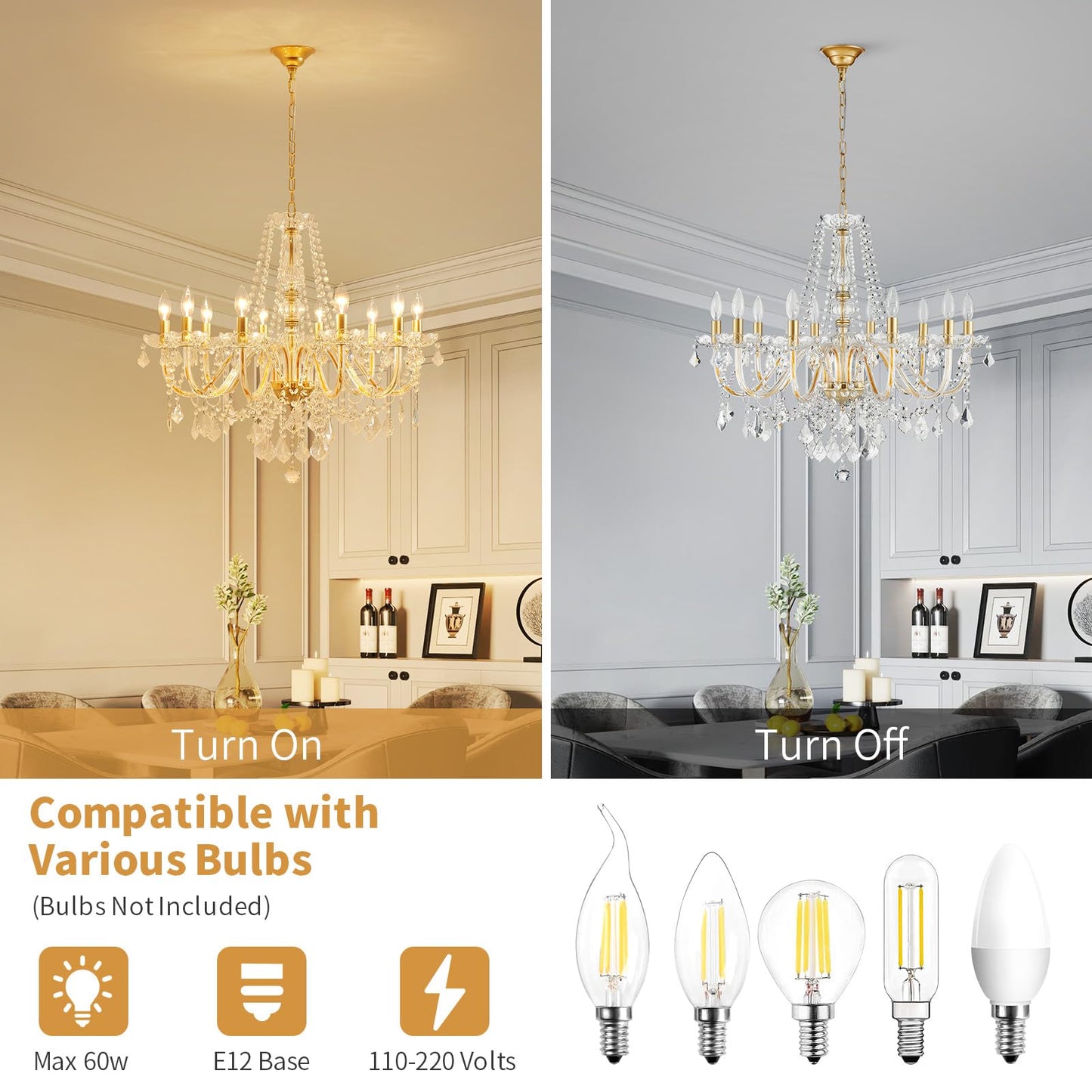 ANJIADENGSHI Large Crystal Chandelier, 10-Lights, Gold, 30.3in High x 26.8in Wide, Modern Design for Dining Room, Living Room,