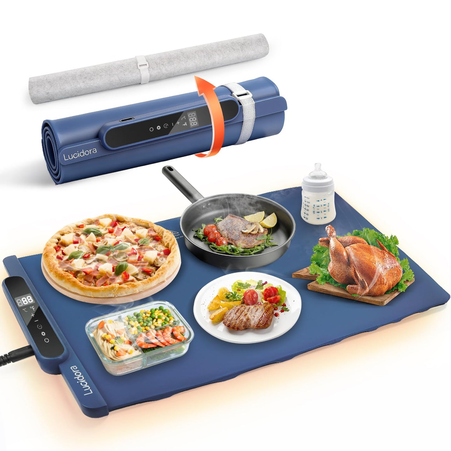 Lucidora Food Warming Mat, Electric Rollable Food Warmer 10 Levels Temperature & 10-Hour Timer Large Warming Tray with Child Lock for Parties & Buffet, Extra-Long 6.5ft Cord, Navy Blue