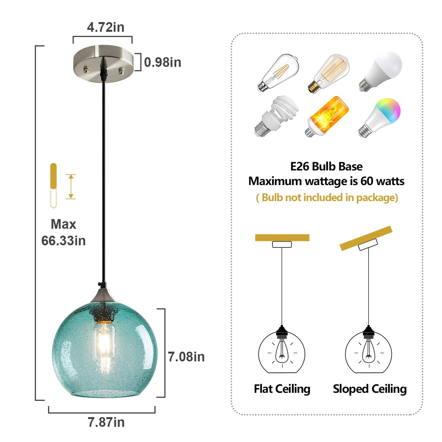 Lbsqj Light Blue Glass Pendant Lights Kitchen Island Lighting Globe Pendant Light Fixtures Modern Pendant Lighting For Bedroom Living Dining Room Light Fixture (7.87 In  2 Pack)