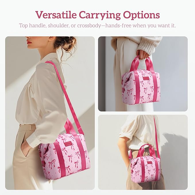 Lunch Bag Women Insulated Lunch Box,Cute Large Lunch bags,Reusable Leakproof Cooler Bag with Adjustable Shoulder Strap for Men Adult Work Office Picnic Hiking Pink bow