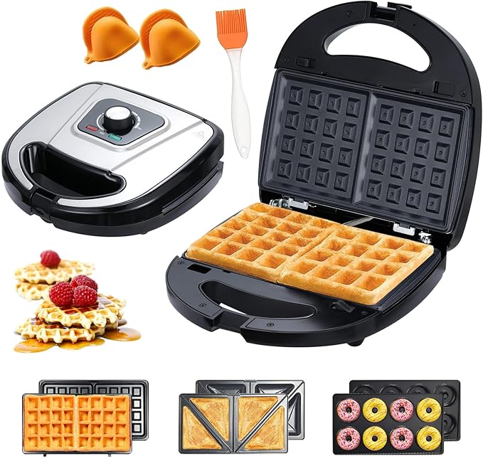 3-in-1 Mini Waffle Maker with Non-Stick Plates, Electric Sandwich Maker, Mini Donut Maker, Breakfast Sandwich Maker Press with Removable Plates, Compact Design & Adjustable Temperature Knob