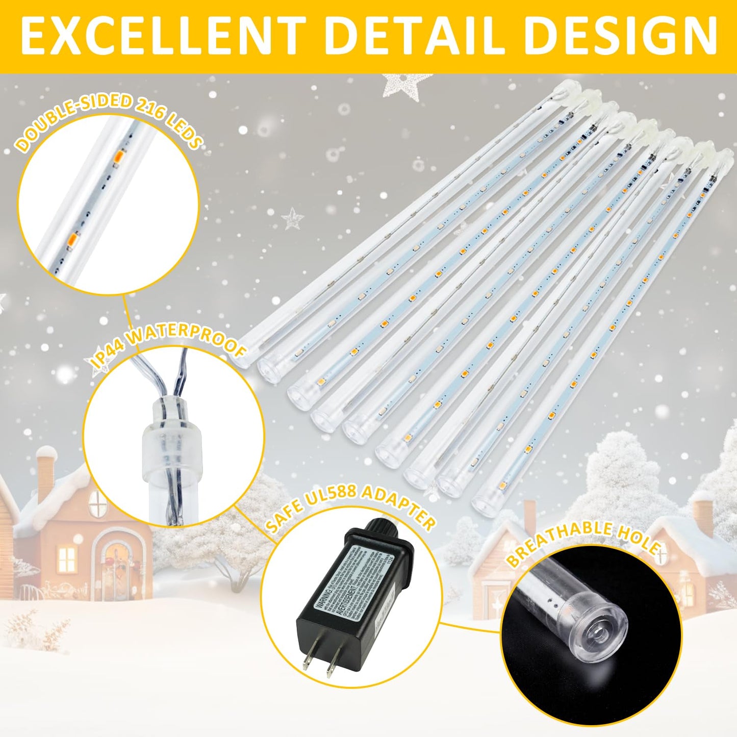 2-Pack Extendable Meteor Shower Christmas Lights Outdoor  16 Tubes 384 Leds Waterproof Falling Rain String Lights  Christmas String Lights Outdoor For Tree Patio Garden Holiday Decorations(Warm White)