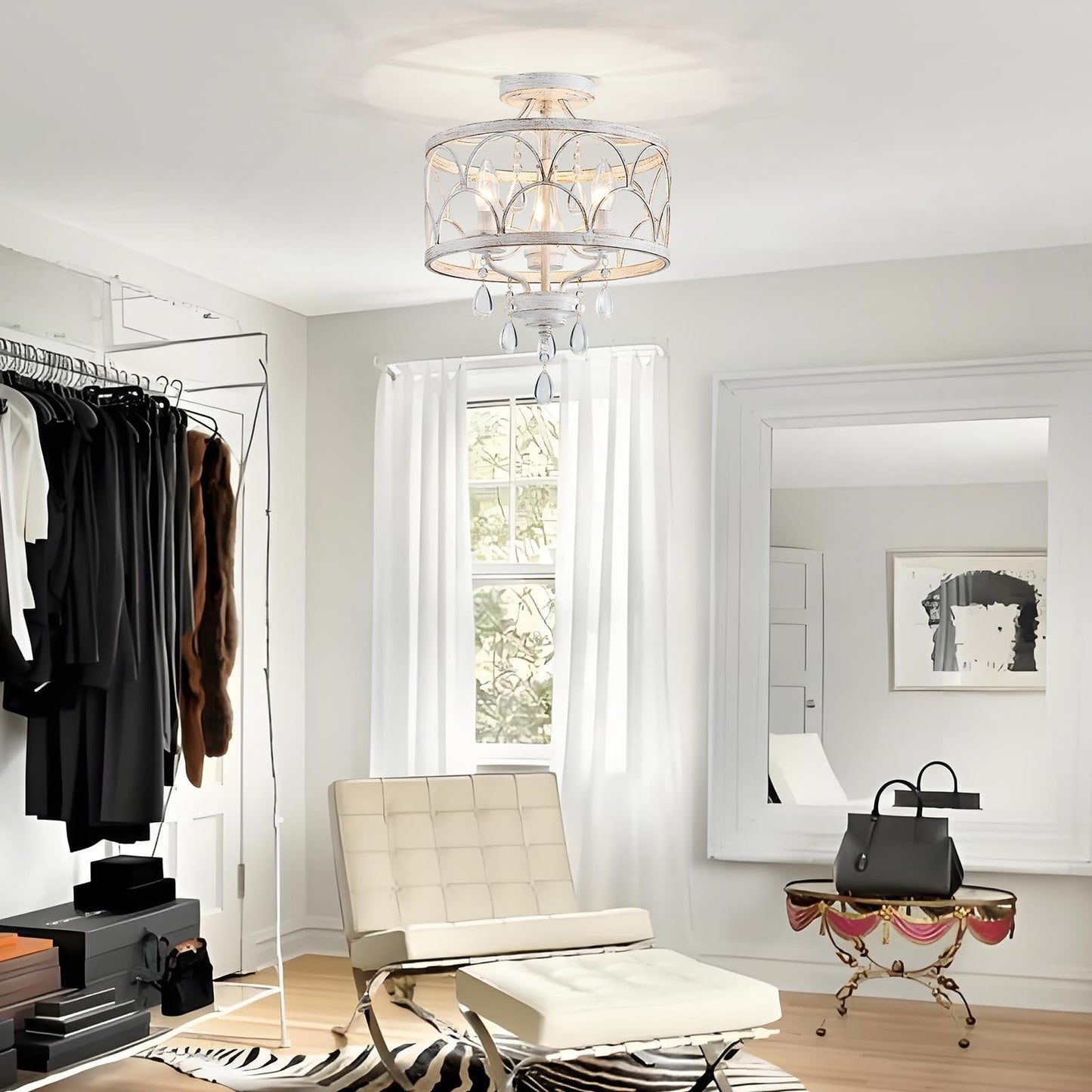 Crystal Ceiling Light Fixture  Modern Small Chandelier Light Fixture  Farmhouse White Semi Flush Mount Ceiling Light  Round Hallway Lighting Fixtures For Bedroom Entryway Dining Room Living Room