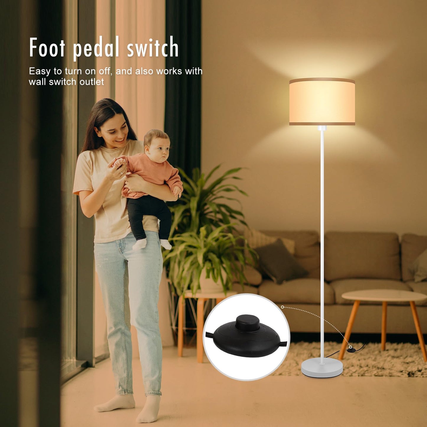 Floor Lamp White  Standing Lamp  58  Tall Floor Lamp With Lampshade  Foot Pedal Switch  Modern Small Floor Lamps For Living Room/Bedroom/Classroom/Kids Room  White Lamp For Girls  Gift(Without Bulb)