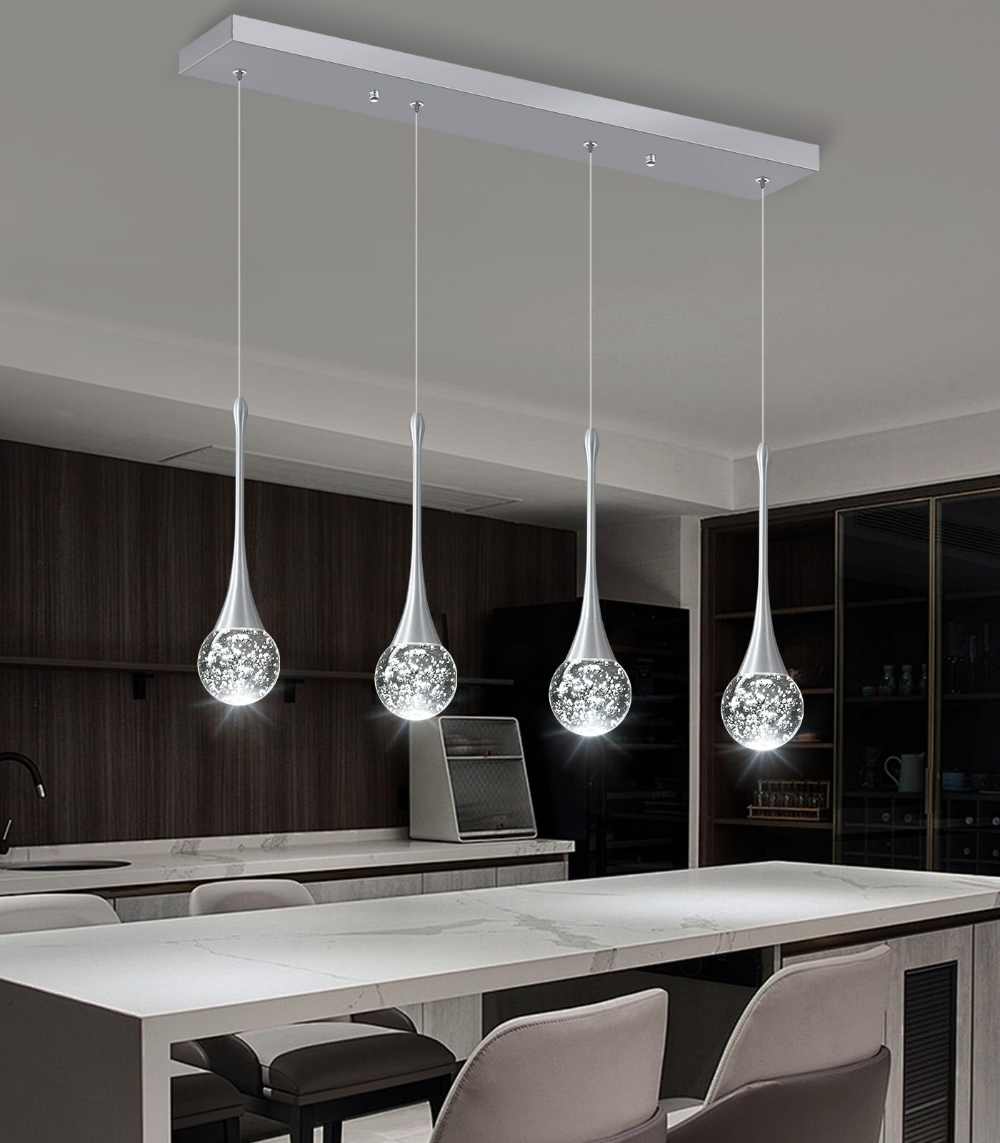 4-Lights Modern Pendant Lights For Kitchen Island Led Dimmable Crystal Glam Ceiling Pendant Lighting Chandelier For Dining Room Hallway Bedroom Silver