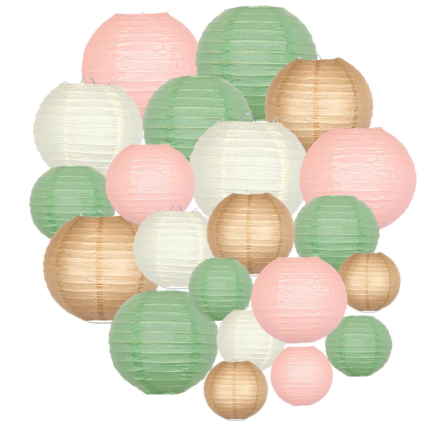 ADLKGG Paper Lanterns, Round Hanging Decorations for Parties, 21pcs, Sage Green/Pink/Brown