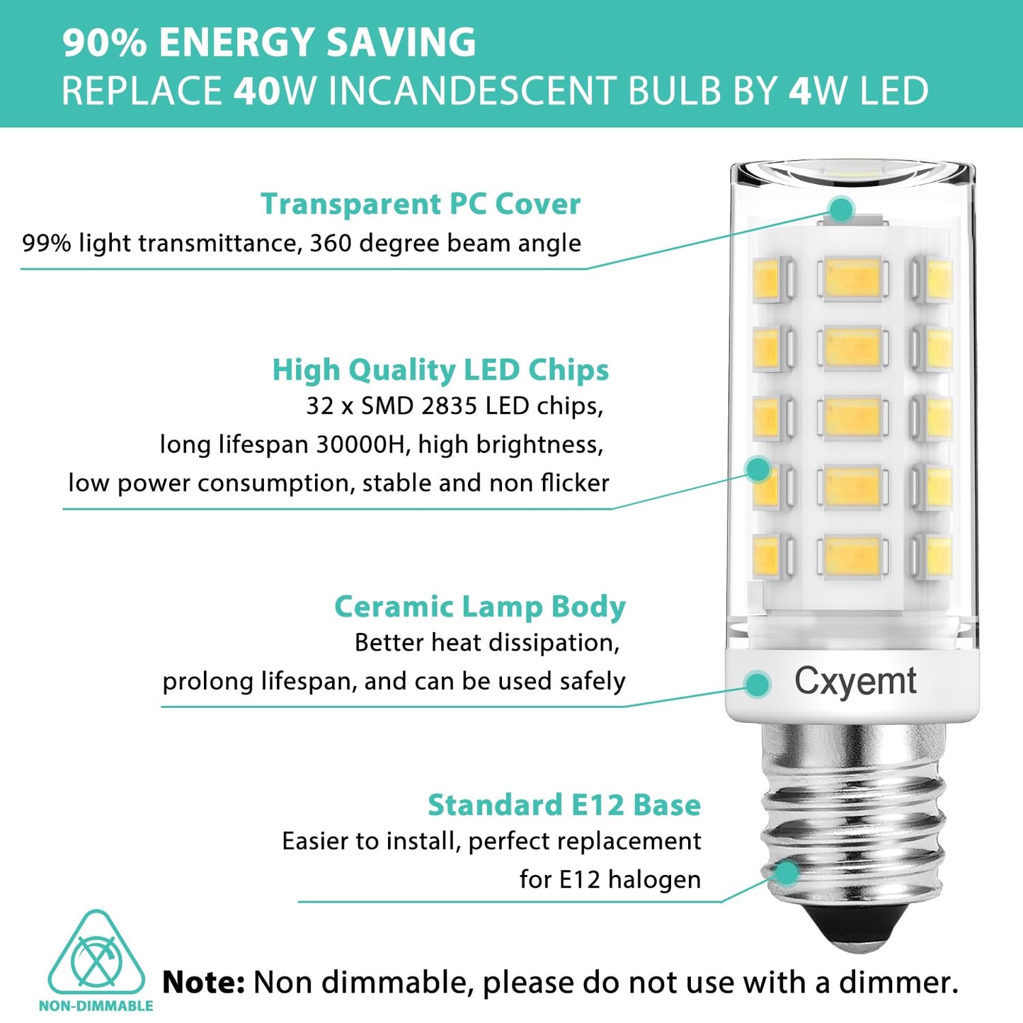 Cxyemt E12 Led Bulb 4W (Equivalent 40 Watt)  T4 Candelabra Light Bulbs 4000K Natural White  400Lm  Non-Dimmable  Non Flicker  360Beam Angle  Ac120V E12 Light Bulbs For Chandelier Lighting  6 Pack