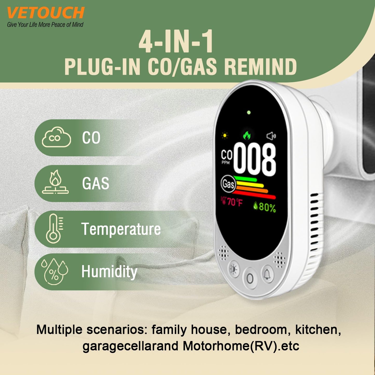 VETOUCH Plug-in Combination air Detector, 4 in 1 Combination Natural Gas and Carbon Monoxide Detector, detects CO, Gas,and Humidity Values. for Home, Bedroom, Kitchen, RV, 1 Pack